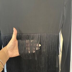 Boston Proper Black Fringe Long-Sleeve midi dress with side zip closure v neck